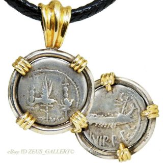 Marc Antony Legionary Denarius Galley Ancient Roman Coin Silver W/gold Necklace