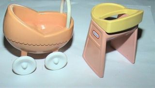 Vintage Little Tikes White And Pink Doll Carriage And High Chair