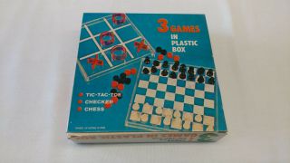 3 Games In Plastic Box Tic Tac Toe Checkers Chess