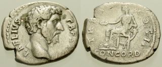 015.  Roman Silver Coin.  Aelius,  Caesar.  Ar Denarius.  Rome.  Concordia.  Avf