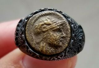 Helmeted Goddess Athena Authentic Ancient Coin 925 Sterling Silver Ring Sz 10 - 13