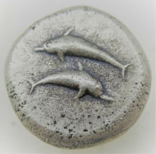 Rare Ancient Greek Silver Stater Coin Santorini Islands Two Dolphins