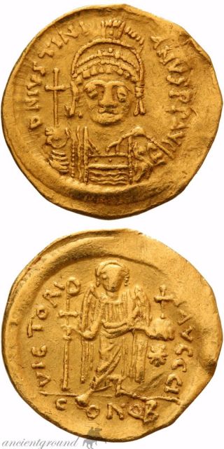 Byzantine Gold Solidus Coin Justinian I 527 - 565 Ad Victoria Avggg I/conob