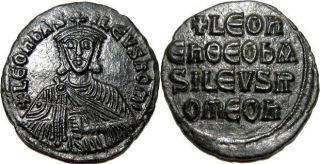 Byzantine Empire,  Leo Vi (the Wise),  Ae Follis,  27 Mm.  866 - 912 Ad. ,