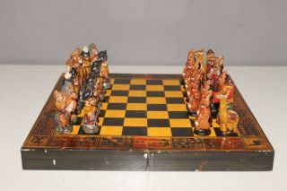Vintage Chess Board Game Set Inca V Spanish Hand Painted Handmade Wood & Clay Ab
