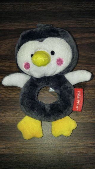 Fisher Price Plush Round Penguin Rattle Toy 2013 Black White Some Yellow