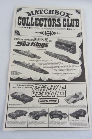 Vtg 1976 Matchbox Club Newsletter - Slick 6 Sea Kings Two Packs Javelin