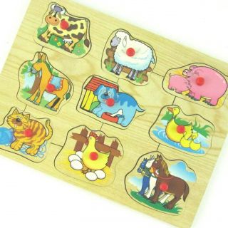 Wooden Farm Animal Theme Knob Puzzle 9 Piece Toddler Children Educational Toy