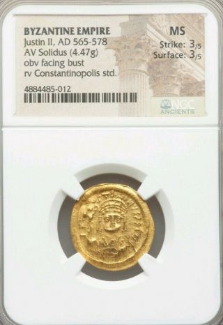 Byzantine Empire Justin Ii Solidus Ngc Ms 3/3 Ancient Gold Coin