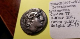 Thrace,  Lysimachus,  AR Tetradrachm,  297 - 281 BC Alexander III / Athena 2