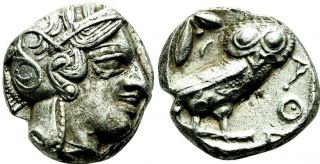 Ancient Greek.  Attica.  Athens.  454 - 404 BC.  Tetradrachm Athena / Owl Silver Coin 3