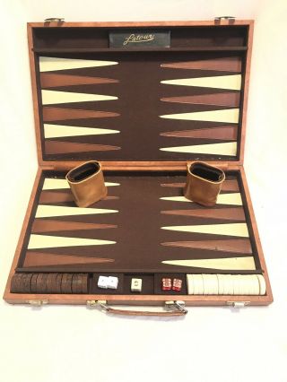 Vintage Large 18” X 11” Backgammon Set Board Game Leather Case 100 Complete
