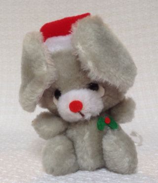 Vintage Russ Berrie Stuffed Plush Christmas Mouse 5 " Grey Polkadot Santa Hat