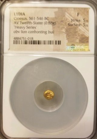 Lydia,  Croesus 1/12th Gold Stater Lion Vs Bull NGC Fine 5/5 ancient coin RARE 2