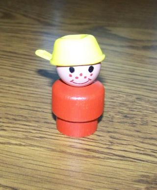 Rare Fisher Price Little People Red Freckle Boy With Yellow Pot On Head All Wood