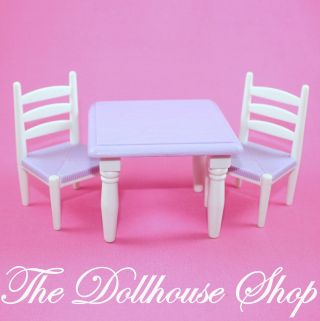 Fisher Price Loving Family Dollhouse White Purple Dining Table 2 Chairs Kitchen