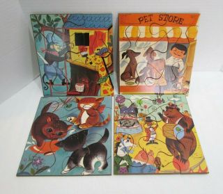 Playskool 4 Vintage Wood Wooden Silly Animal Puzzles C.  1960 