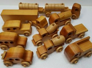 10 Vintage Wooden Hand Crafted Toys - Trucks/ Cars/ Bus/ Tankers