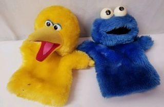 Set Of 2 Sesame Street Big Bird Cookie Monster Hand Puppet Plush 90s Applause