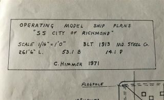 Vintage 1971 Operating Model Boat Plan,  Ss City Of Richmond;reduced From $7.  99