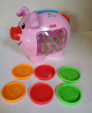 Mattel Fisher Price Laugh And Learn Musical Pig Pink Piggy Bank 6 Coins -