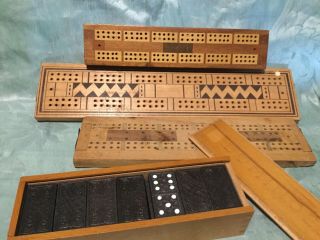 Vintage Wood Cribbage Boards And Box Of Dominoes. 2