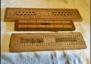 Vintage Wood Cribbage Boards And Box Of Dominoes. 3