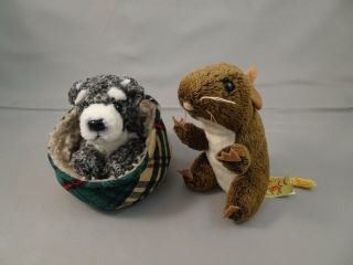 2 Finger Puppet Folkmanis Mini Schnauzer Puppy Dog In Bed & Brown Field Mouse