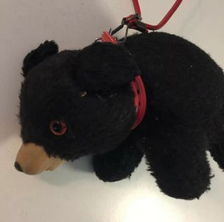 Vintage Black Bear Straw Stuffed Plush Animal Rubber Face Red Collar & Leash