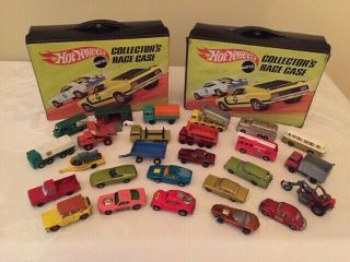 Assorted Hot Wheels Cars/trucks And Two Vintage Storage Cases,  Various