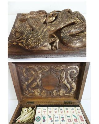 Vintage Bone & Bamboo Mah Jong Set In Hand Carved Wood Case 1920 
