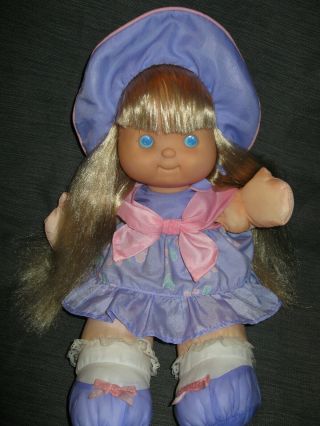 Vintage Fisher Price Nylon Puffalump Kids Baby Doll Purple Dress Long Hair