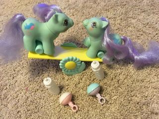 Vintage My Little Pony G1 Newborn Twin Baby Puddles & Peeks W/ Accessories