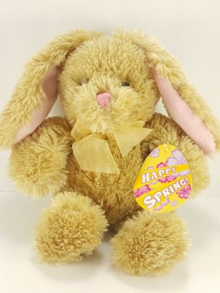 Tan Brown Easter Bunny Rabbit Pink Ears Bow Plush Stuffed Animal Toy 11 " Soft