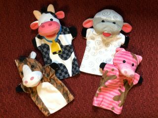 Melissa & Doug Farm Animal Plush Hand Puppets,  Set Of 4 Pig Horse Sheep Cow,  Euc