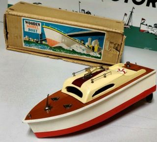 Vintage Early 1950s Rico Japan Wooden Model Boat With Inboard Motor