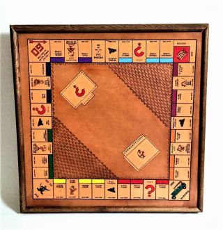 Vintage Custom Made Leather Monopoly Game Board,  Wood Framed,  All Hand - Painted