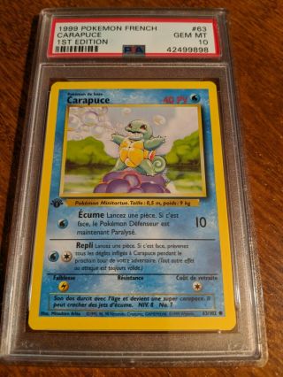 Psa 10 1999 Pokemon French 1st Edition Base Set Carapuce (squirtle) 63
