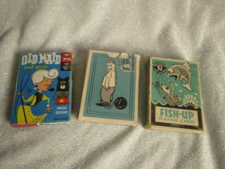 3 Decks Of Vintage Game Cards,  Fish Up,  Bowling & Old Maid