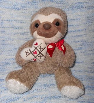 Dan Dee Sloth Plush Stuffed Animal Brown Tan Tic Tac Toe Heart Red Bow