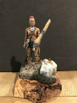 A Very Fine 90mm Metal Native American Warrior On Scenic Wooden Base