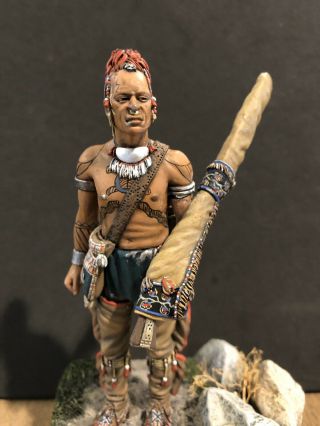 A Very Fine 90mm Metal Native American Warrior On Scenic Wooden Base 2