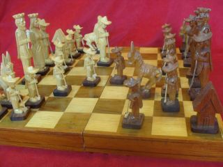 Vintage Mexican Style Hand Made Wood Chess Set With Board (king 6 1/4 Inches)