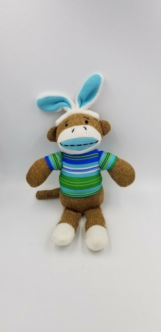 Dan Dee 9 " Sock Monkey With Bunny Rabbit Ears Plush Knit Stuffed Animal