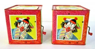 Set Of 2 Vtg 1953 & 1961 Mattel Jack In The Box Clown,  Tin Litho Toy