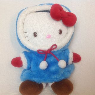 2009 Sanrio 13” Plush Winter Hello Kitty Blue Coat Red Gloves Christmas Sparkles
