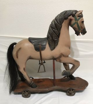 Large Vintage Hand Carved Wood Rocking Horse Child Pull Toy Leather Saddle 2