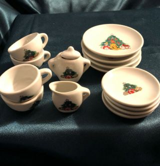 Toy China Tea Set 18” Doll Size Christmas Trees 4 Plates Cups Saucers No Teapot