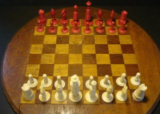 Antique Finely Carved Bone Red & White 32 Pc.  Chess Set No Board
