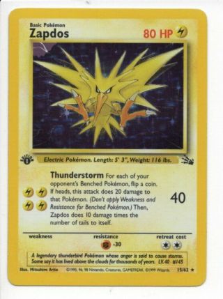 1st Edition Zapdos Pokemon Fossil Trading Card 15/62 Holo